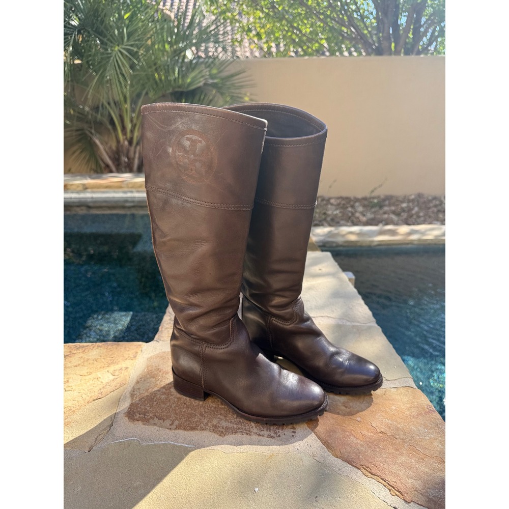 Tory Burch Brown Leather Tall Riding Boots Women's 5 Logo Lug Sole
